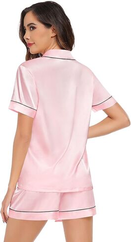 SWOMOG إمرأة الحرير بيجامة من الساتان مجموعات 4 قطعة طويلة الأكمام ملابس خاصة زر أسفل Pjs مجموعات 3 قطعة صالة مجموعة السراويل والسراويل القصيرة in Kuwait