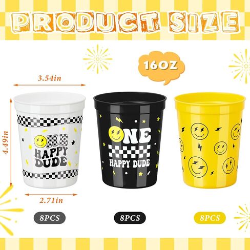 Domensi 24 Pcs One Happy Dude Plastic Cups 16oz Reusable One Happy Dude Birthday Decorations Smile Face Cups for First Birthday Party Baby Shower Favors in Saudi Arabia