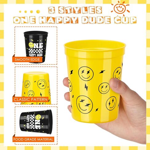 Domensi 24 Pcs One Happy Dude Plastic Cups 16oz Reusable One Happy Dude Birthday Decorations Smile Face Cups for First Birthday Party Baby Shower Favors in Saudi Arabia