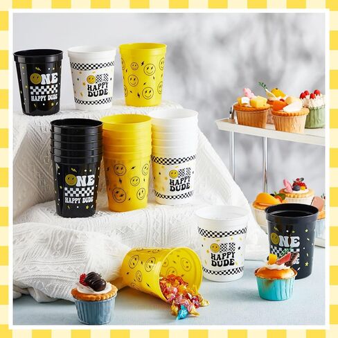 Domensi 24 Pcs One Happy Dude Plastic Cups 16oz Reusable One Happy Dude Birthday Decorations Smile Face Cups for First Birthday Party Baby Shower Favors in Saudi Arabia
