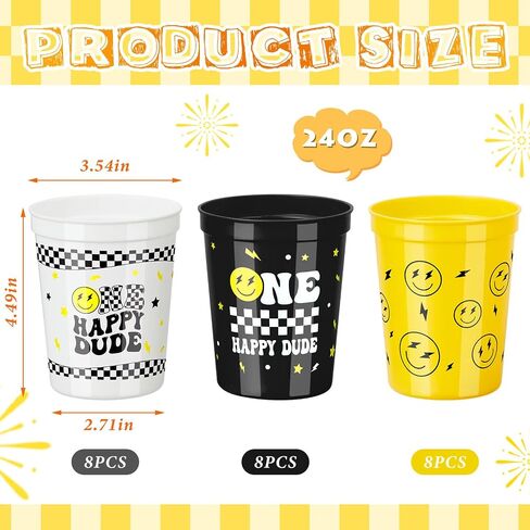 Domensi 24 Pcs One Happy Dude Plastic Cups 16oz Reusable One Happy Dude Birthday Decorations Smile Face Cups for First Birthday Party Baby Shower Favors in Saudi Arabia