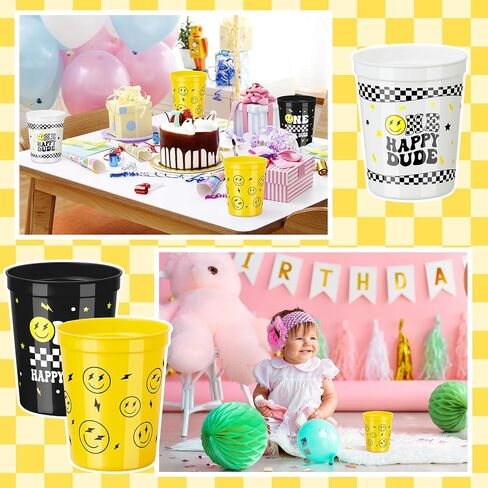 Domensi 24 Pcs One Happy Dude Plastic Cups 16oz Reusable One Happy Dude Birthday Decorations Smile Face Cups for First Birthday Party Baby Shower Favors in Saudi Arabia