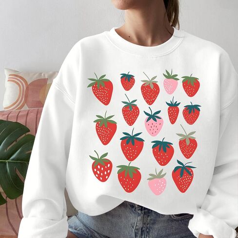 Cute Strawberry Print Crewneck Sweatshirts for Teen Girls Kawaii Aesthetic Graphic Sweatshirt Women Casual Pullover in Saudi Arabia