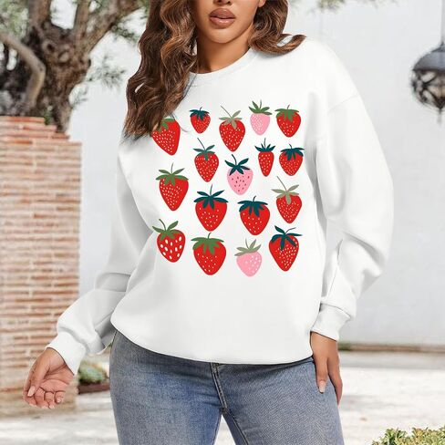 Cute Strawberry Print Crewneck Sweatshirts for Teen Girls Kawaii Aesthetic Graphic Sweatshirt Women Casual Pullover in Saudi Arabia