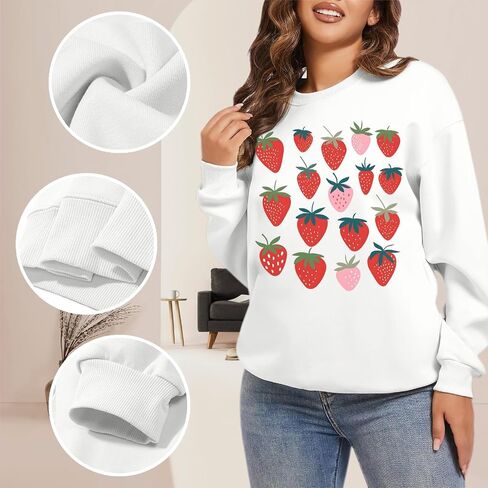Cute Strawberry Print Crewneck Sweatshirts for Teen Girls Kawaii Aesthetic Graphic Sweatshirt Women Casual Pullover in Saudi Arabia