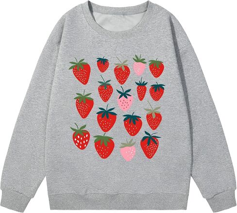 Cute Strawberry Print Crewneck Sweatshirts for Teen Girls Kawaii Aesthetic Graphic Sweatshirt Women Casual Pullover in Saudi Arabia