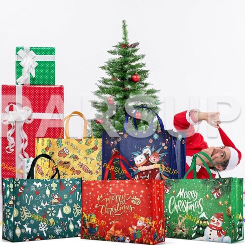 10PCS Giant Christmas Gift Bags,Christmas Tote Bags with Handles, Grocery Bags, Multifunctional Non-Woven Christmas Tote Bags for Gifts Wrapping Shopping, Xmas Party Supplies, 21.26"×15.75"×7.9" in Kuwait