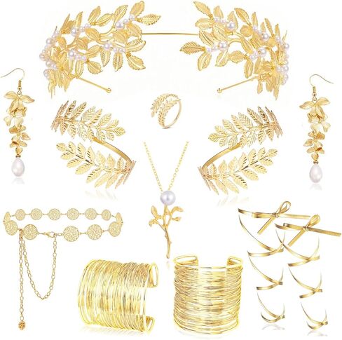 11Pcs Greek Goddess Costume Accessories Set for Women Golden Laurel Leaf Crown Headband Leaf Armband Coil Bracelet Pearl Leaf Dangle Earring Necklace Leaf Ring Waist Belt Wedding Toga Cosplay Party Jewelry in Saudi Arabia