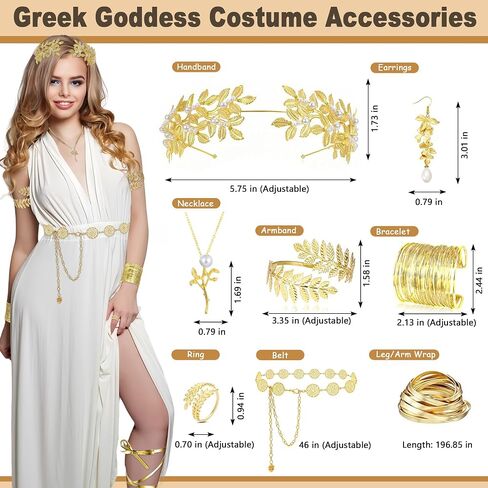 11Pcs Greek Goddess Costume Accessories Set for Women Golden Laurel Leaf Crown Headband Leaf Armband Coil Bracelet Pearl Leaf Dangle Earring Necklace Leaf Ring Waist Belt Wedding Toga Cosplay Party Jewelry in Saudi Arabia