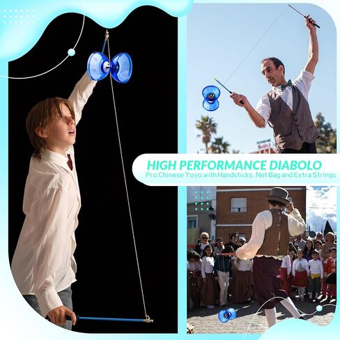 MAGICYOYO Pro Triple Bearing Diabolo Small Size 4" Chinese Yoyo Toy with 2 Pairs Carbon Sticks+ 2 Extra Strings +1 Net Bag, High Performance Chinese Yoyo Diabolo Skill Toy (Blue) in Saudi Arabia