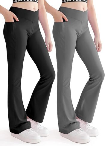Girls Flare Leggings Cross High Waisted Yoga Dance Pants Kids Bell Bottom Pants with Pockets 5-13 Years in Kuwait