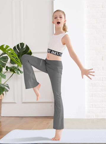 Girls Flare Leggings Cross High Waisted Yoga Dance Pants Kids Bell Bottom Pants with Pockets 5-13 Years in Kuwait