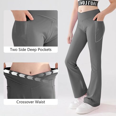 Girls Flare Leggings Cross High Waisted Yoga Dance Pants Kids Bell Bottom Pants with Pockets 5-13 Years in Kuwait