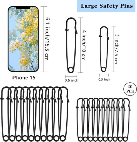 20 Pcs Large Safety Pins 4" 10Pcs & 3" 10Pcs Heavy Duty Blanket Pins Large Safety Pins for Clothes Leather Canvas Blankets Crafts Skirts (Black, 3 inch 10-Pack + 4 inch 10-Pack) in Kuwait