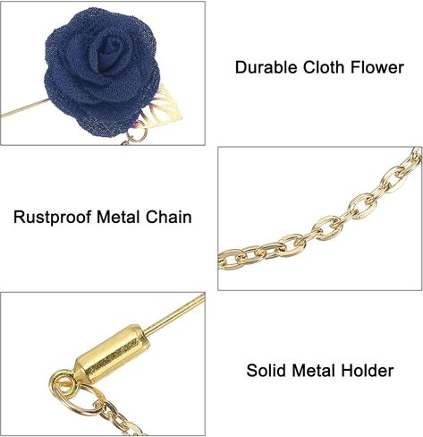 MECCANIXITY Lapel Pin for Men Cloth Rose Flower Pin Suit Lapel Stick Handmade Boutonnieres with Leaf/Tassel Chain Brooch for Bridegroom Wedding in Saudi Arabia