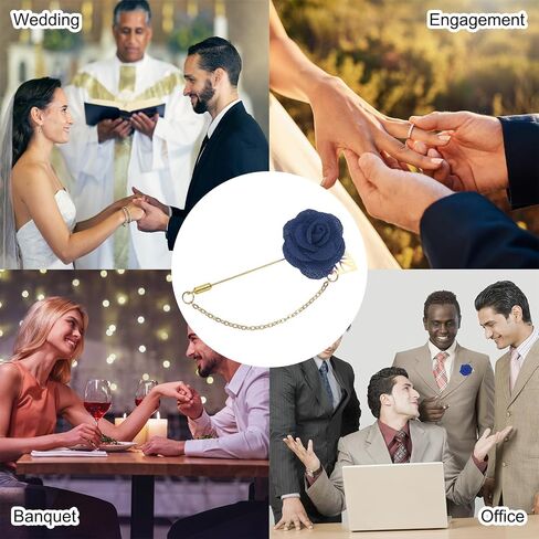 MECCANIXITY Lapel Pin for Men Cloth Rose Flower Pin Suit Lapel Stick Handmade Boutonnieres with Leaf/Tassel Chain Brooch for Bridegroom Wedding in Saudi Arabia