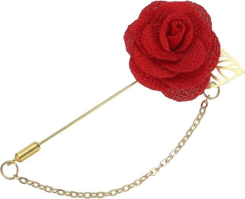 MECCANIXITY Lapel Pin for Men Cloth Rose Flower Pin Suit Lapel Stick Handmade Boutonnieres with Leaf/Tassel Chain Brooch for Bridegroom Wedding in Saudi Arabia