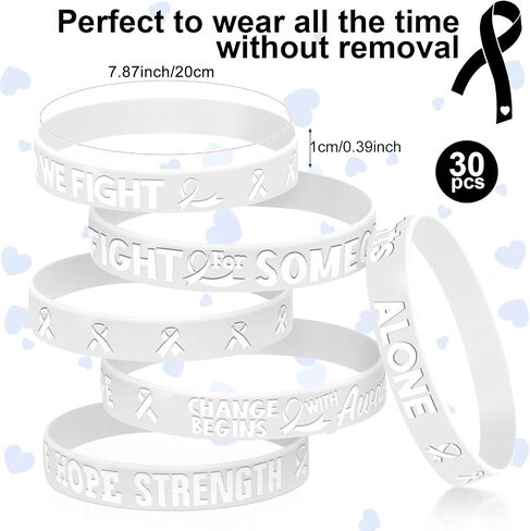 30 Pcs Cancer Prevention Awareness Silicone Bracelets,Colorful Ribbon Stretch Wristbands,Hope Faith Rubber Wristband Supplies Accessories for Ribbon Awareness Assorted Cancer Awareness and Prevention (White) in Kuwait