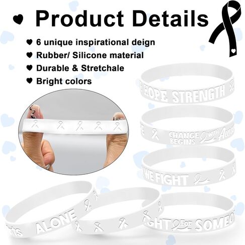 30 Pcs Cancer Prevention Awareness Silicone Bracelets,Colorful Ribbon Stretch Wristbands,Hope Faith Rubber Wristband Supplies Accessories for Ribbon Awareness Assorted Cancer Awareness and Prevention (White) in Kuwait