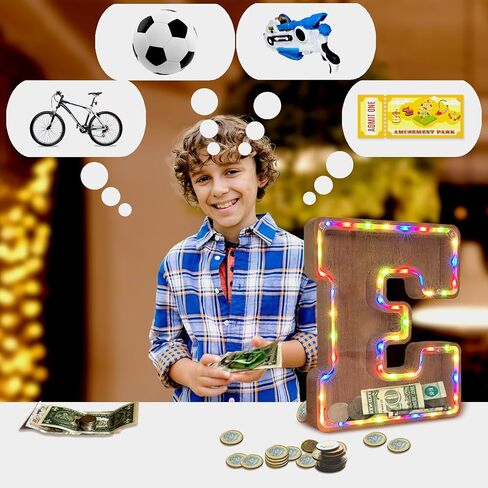 Wooden Money Banks,9inch LED Piggy Bank for Kid Multicolor Variable Coin Bank (A-Z) USB-A & 3*AA Battery Power Supply Suitable for Birthday Gift, Holiday Celebration (P) in Saudi Arabia