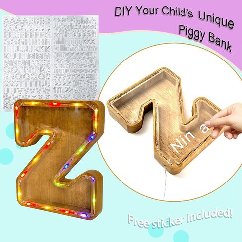 Wooden Money Banks,9inch LED Piggy Bank for Kid Multicolor Variable Coin Bank (A-Z) USB-A & 3*AA Battery Power Supply Suitable for Birthday Gift, Holiday Celebration (P) in Saudi Arabia