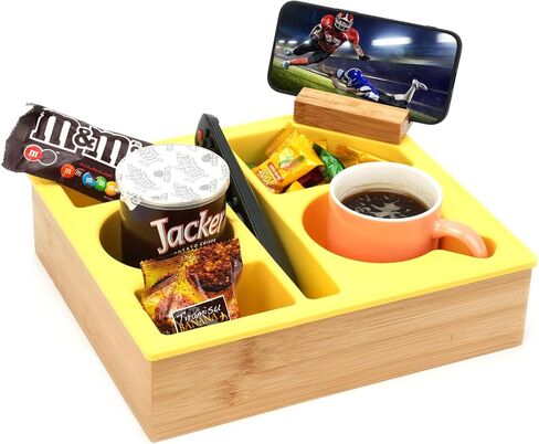 Couch Cup Holder Tray, Hitseon Silicone Bamboo Couch Caddy with Rotatable Phone Holder for Bed Car Seat Organizer, Waterproof Anti-Spill Couch Drink Holder for Snacks Beverage Remote (Black) in Kuwait