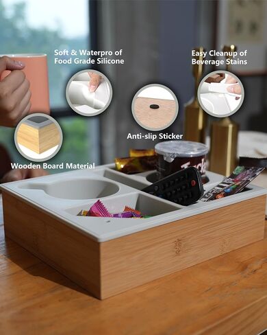Couch Cup Holder Tray, Hitseon Silicone Bamboo Couch Caddy with Rotatable Phone Holder for Bed Car Seat Organizer, Waterproof Anti-Spill Couch Drink Holder for Snacks Beverage Remote (Black) in Kuwait