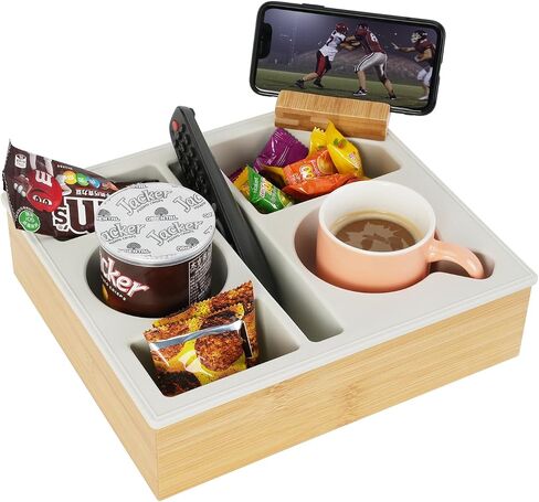 Couch Cup Holder Tray, Hitseon Silicone Bamboo Couch Caddy with Rotatable Phone Holder for Bed Car Seat Organizer, Waterproof Anti-Spill Couch Drink Holder for Snacks Beverage Remote (Black) in Kuwait