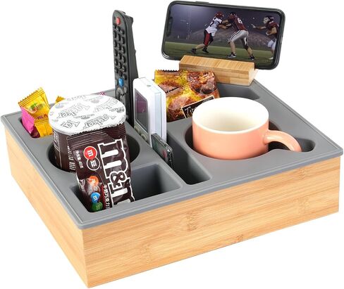 Couch Cup Holder Tray, Hitseon Silicone Bamboo Couch Caddy with Rotatable Phone Holder for Bed Car Seat Organizer, Waterproof Anti-Spill Couch Drink Holder for Snacks Beverage Remote (Black) in Kuwait