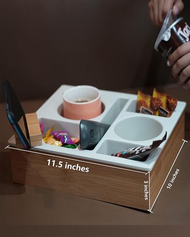 صينية حامل أكواب الأريكة، علبة أريكة من الخيزران السيليكون من Hitseon مع حامل هاتف قابل للدوران لمنظم مقعد السيارة على السرير، حامل مشروبات الأريكة مقاوم للماء ومضاد للانسكاب للوجبات الخفيفة والمشروبات عن بعد (أسود) in Kuwait