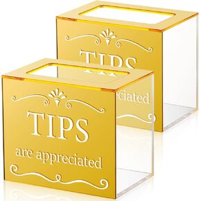 Vesici 2 Pcs Acrylic Tips Jar Donation Tip Bucket 6 x 4 x 5 Inch Collection Money Storage Container Suggestion Box Raffle Cash Box for Bartender Bars Restaurants Musicians Driver Coin (Gold)