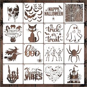 Halloween Stencils for Painting on Wood Crafts, Reusable Large Pumpkin Happy Halloween Hey Boo Spider Web Trick or Treat Witch Stencils for Walls Door Hanger Sign DIY Ornament (16 Halloween Face)