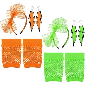 2 Sets 80s Accessories for Women Include Lace Headband Neon Earrings Fingerless Fishnet Glove