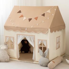Kids Tent with Basic Mat Large Kids Playhouse Indoor with Star Light Toddler Play Tent for Kids Toy House Gift 52“x47"x 40“(Coffee Cream)