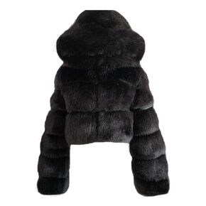Short Faux Fur Coat for Women Zipper Up Hooded Shaggy Warm Elegant Long Sleeve Winter Fashion Cropped Furry Jacket