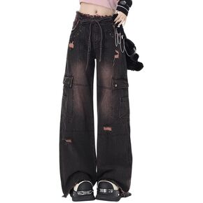 Women's Cargo Pants Low Waist Baggy Jeans Y2K Pocket Wide Leg Casual Trendy Streetwear Grunge Emo Clothes