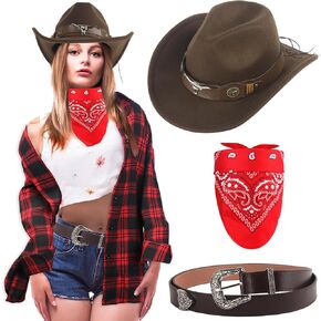 4 Pcs Western Cowgirl Outfits for Women, Cowgirl Costume Cowboy Plaid Shirt Cowgirl Hat Belt Bandana for Halloween