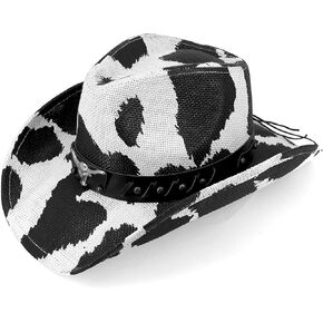 Western Cowboy Hat for Men's Women's,Straw Cowgirl Hat with Unique Metalbull Hatband Black and White Hats