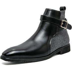 Men's Pointed Toe Slip on Chelsea Boots,Classic Leather Stitching Adjustment Buckle Retro High-top Dress Shoes Ankle Boots