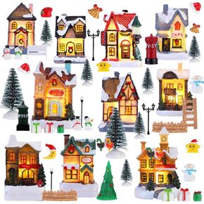 Barydat 60 Pcs Christmas Village Figurines Decor Set Led Lighted Mini Xmas Village Houses Winter Village Accessories Holiday Village Collection Kit for Christmas Village Desktop Table Decoration in Kuwait