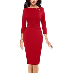 VFSHOW Womens 2024 Business Work Office 3/4 Sleeve Asymmetric Neck Pleated Crisscross Waist Slim Bodycon Pencil Sheath Dress