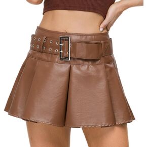Y2K Mini Skirt Buckle Belted High Waisted Pleated Flare PU Faux Leather Short Goth Skirts for Women