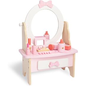 Wooden Vanity Set for Kids, Pretend Play Toddler Makeup Vanity Table Toys with 360° Rotatable Mirror, Beauty Salon Set Includes Makeup Accessories, Little Girls Gift Age 3+ (White)
