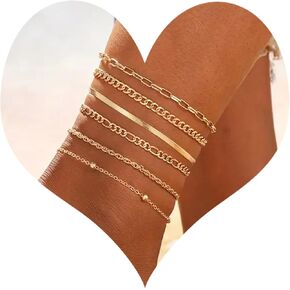 Gold Ankle Bracelets for Women Waterproof - Dainty 6Pcs 14K Gold Plated Anklets Layered Cuban Link Chain Herringbone Cute Anklets Set Pack for Women Teen Girls