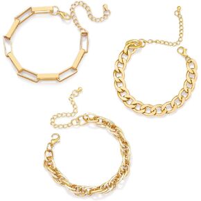 14K Gold and Silver Plated Layered Bracelet Sets, 3 Pieces, Adjustable Layered Link Bracelets Sets, Stainless Steel, No Gemstone