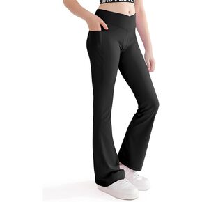 Girls Flare Leggings Cross High Waisted Yoga Dance Pants Kids Bell Bottom Pants with Pockets 5-13 Years