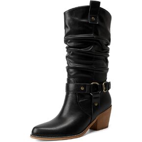 GOSERCE Women's Round toe Slouch Western Cowgirl Knee High Pull On Tabs Boots Mid Calf Block Mid Heel Booties