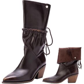 Cowboy Boots for Women Fold Over Block Western Cowgirl Mid-Calf Chunky Heel Shark Boots