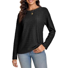 Tankaneo Womens Casual Long Sleeve Tops Basic Textured Crew Neck T Shirts Fall Fashion Tees Blouses