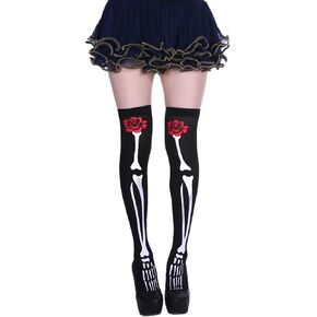 Halloween Socks Thigh High Long Skeleton Costume Cosplay Festival for Women Girls Black